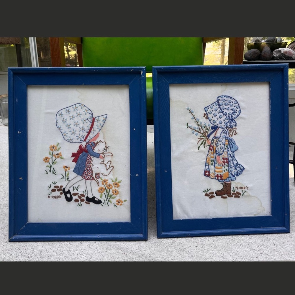 Two Vintage 1968 Holly Hobbie Framed Embroidered Needlepoint Artwork